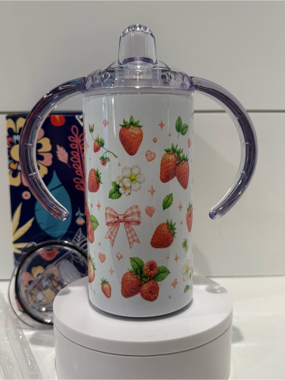 Strawberry Print Toddler Sippy Cup with Handles, Girls Gift Idea